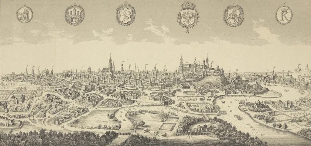 Panoramiczna, szczegółowa rycina miasta przedstawiająca gęstą zabudowę z licznymi wieżami i kościołami, z dominującym zamkiem na wzgórzu po prawej, meandrującą rzeką z mostami i łodziami, przedmieściami z ogrodami i polami na pierwszym planie oraz siedmioma medalionami z herbami u góry.