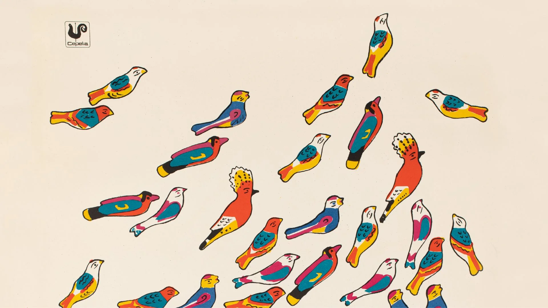 Wielokolorowa ilustracja z wieloma małymi, stylizowanymi ptakami o czarnych konturach i wypełnieniach w żółci, różu, turkusie, czerwieni i pomarańczy rozmieszczonymi na jasnobeżowym tle oraz małym kwadratowym logo „Cepelia” w górnym lewym rogu.