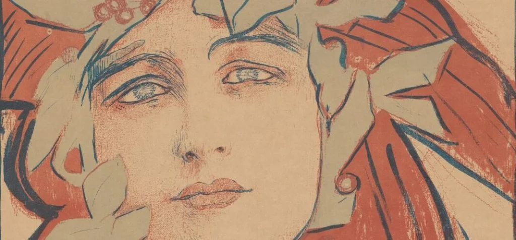 Zbliżenie stylizowanej ilustracji twarzy osoby o delikatnych rysach, dużych oczach i zamkniętych ustach, otoczonej liśćmi i dekoracyjnymi motywami w czerwieni i niebieskich akcentach na beżowym, fakturowanym tle.